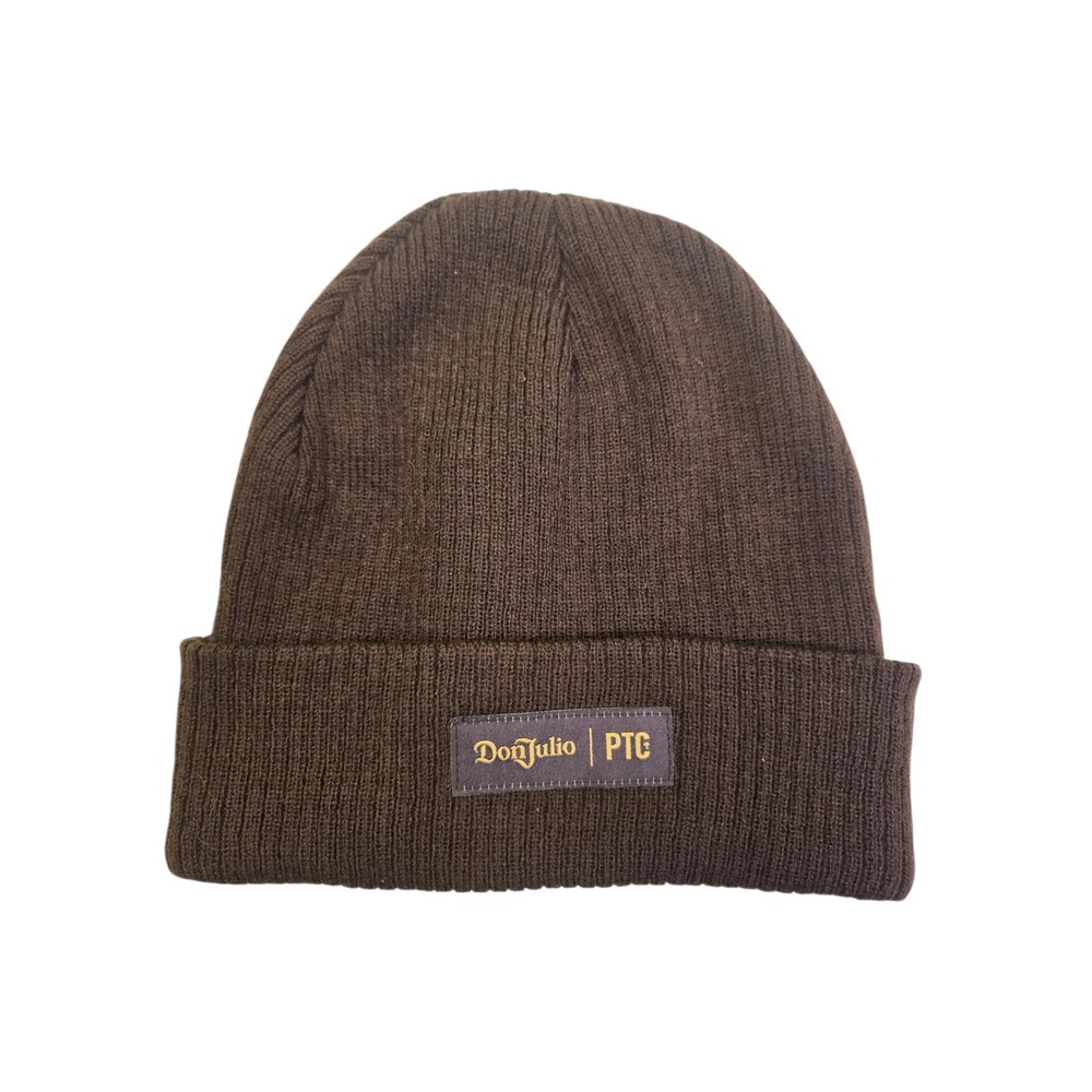 PTC Brown Ribbed Knit Beanie Watch Cap Cuffed Streetwear Logo Hat